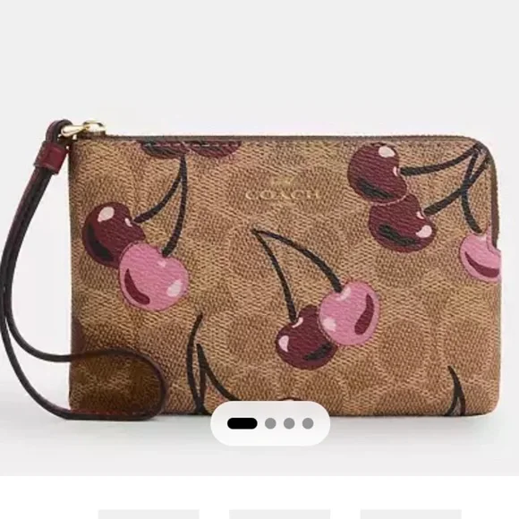Coach Corner Zip Wristlet In Signature Canvas With Cherry Print - Picture 4 of 7